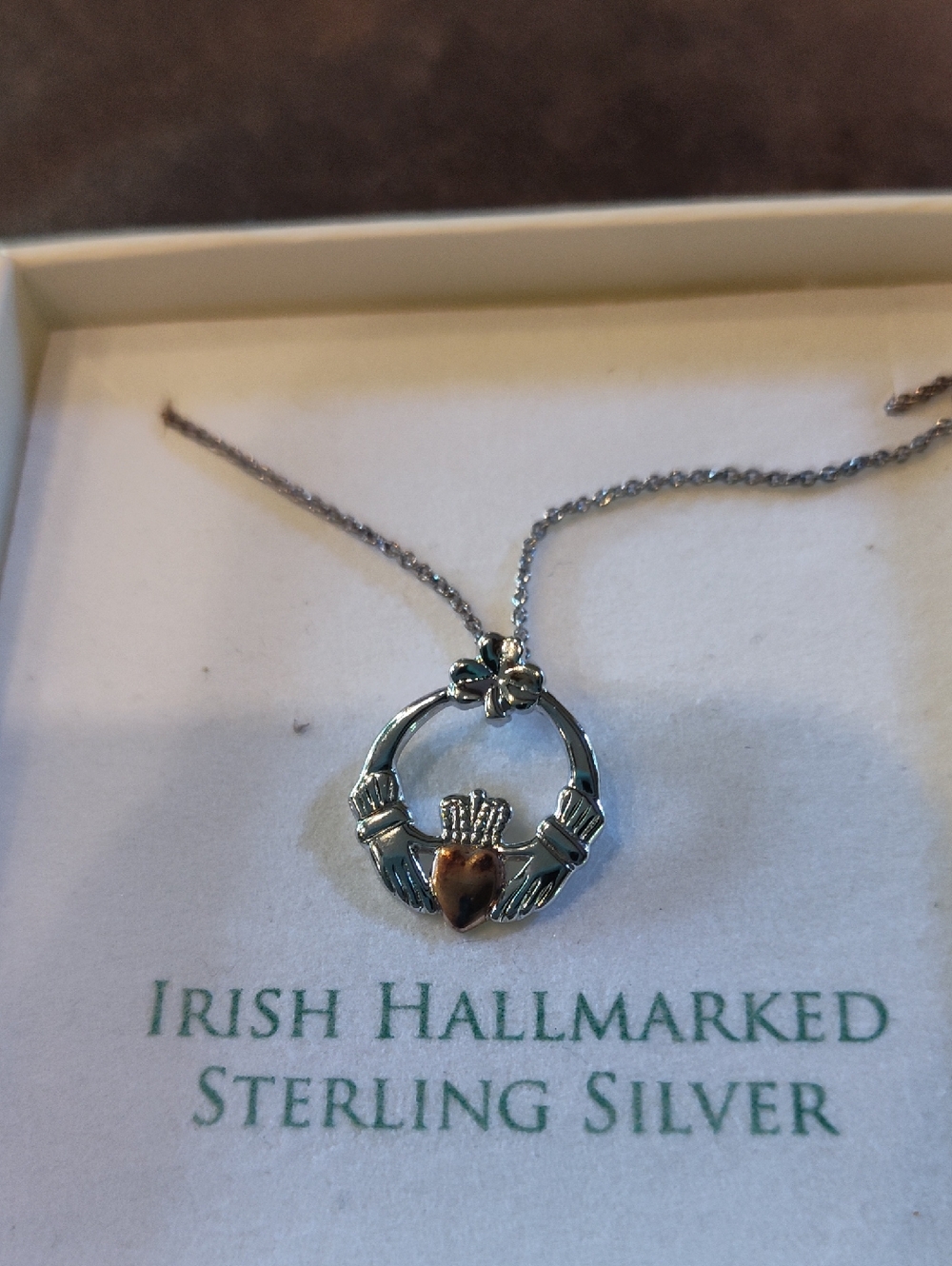 Sterling Silver Claddagh Pendant Necklace with Rose Gold Heart Original Box New